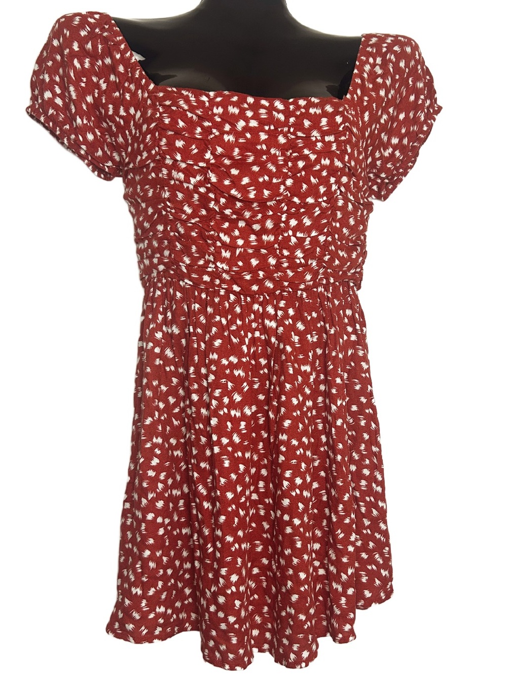 Red Floral Square-Neck Mini Dress with Puff Sleeves